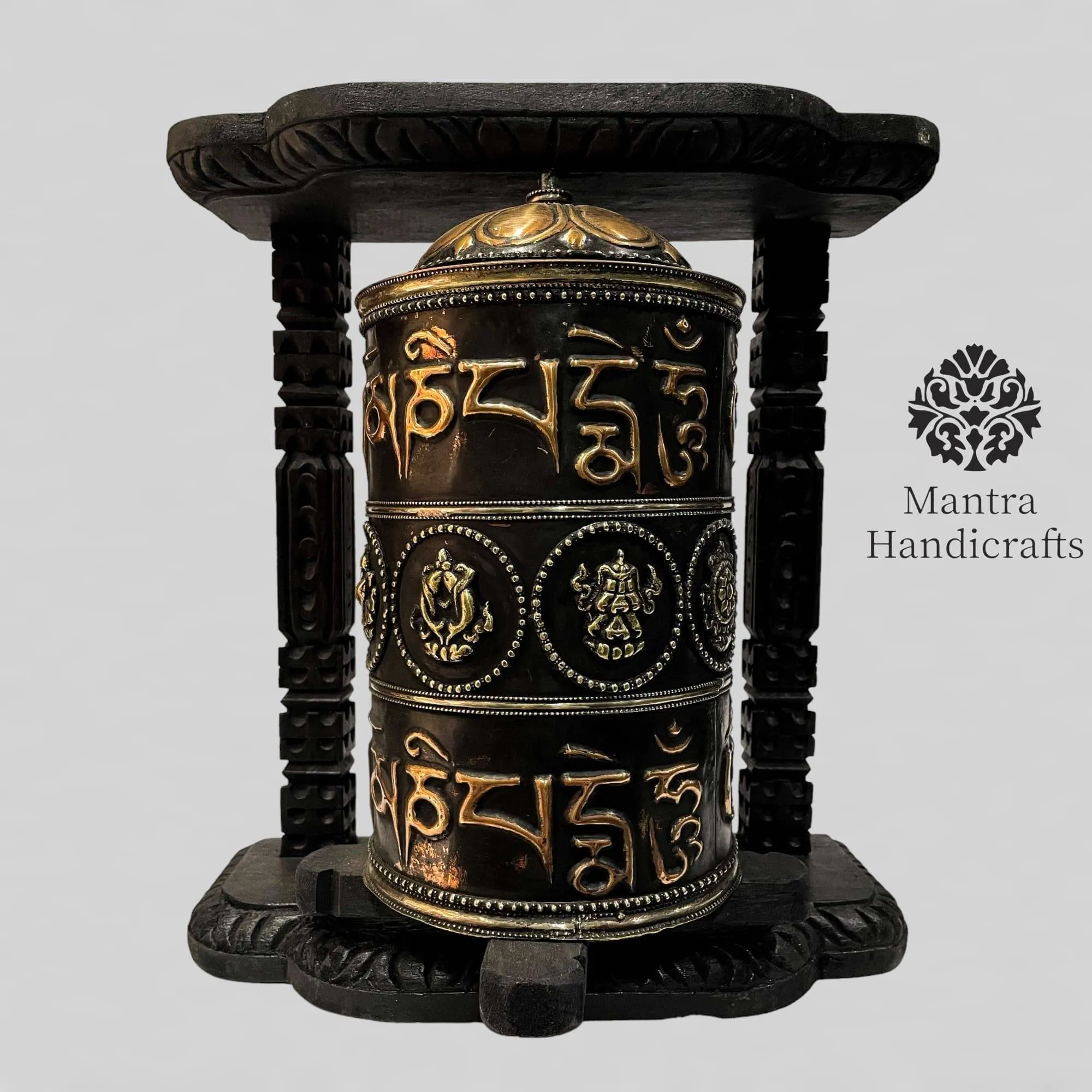 Ashtamangala Mantra Carved Tibetan Prayer Wheel