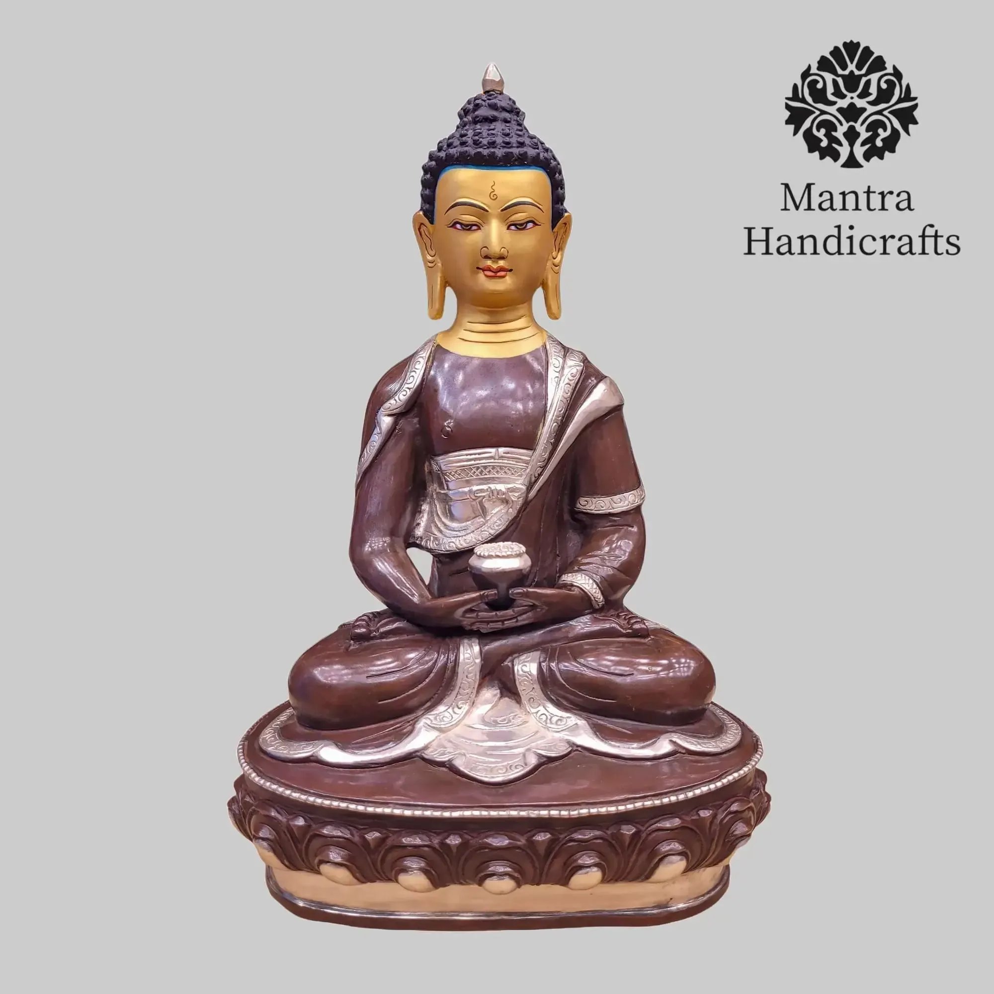 Amitabha Buddha Statue | 24K Gold Gilded With Silver & Chocolate Oxidized