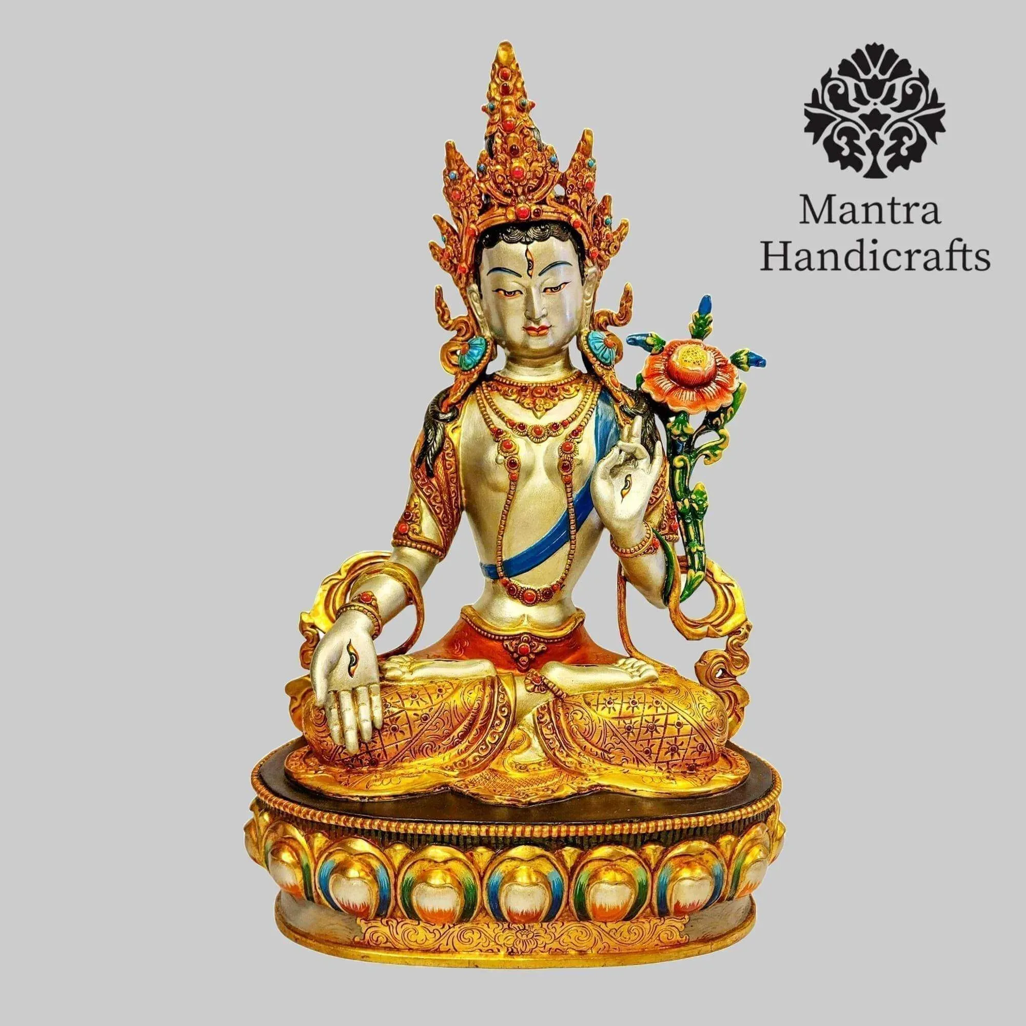 White Tara, Buddhist Statue - 24K Partly Gold Plated with Face Painted - Stone Setting From Nepal