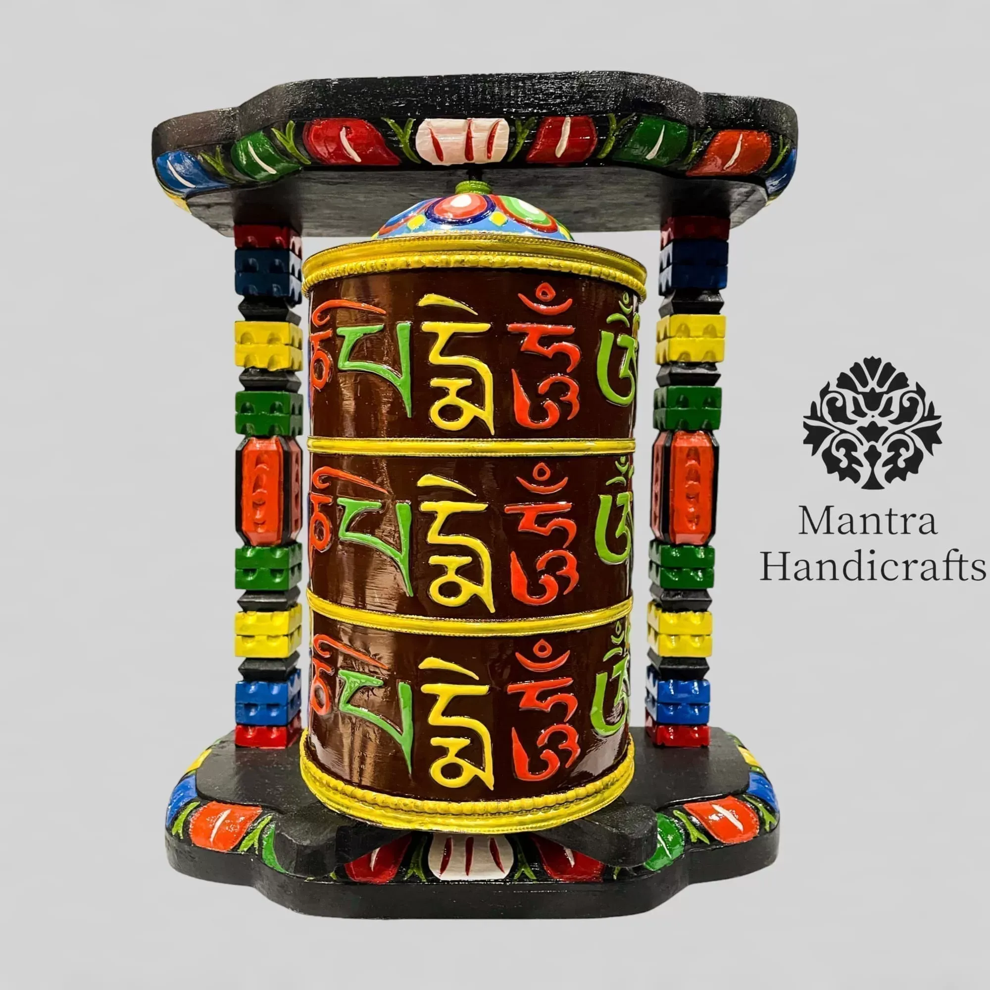 Larger Copper Prayer Wheel With Wooden Frame