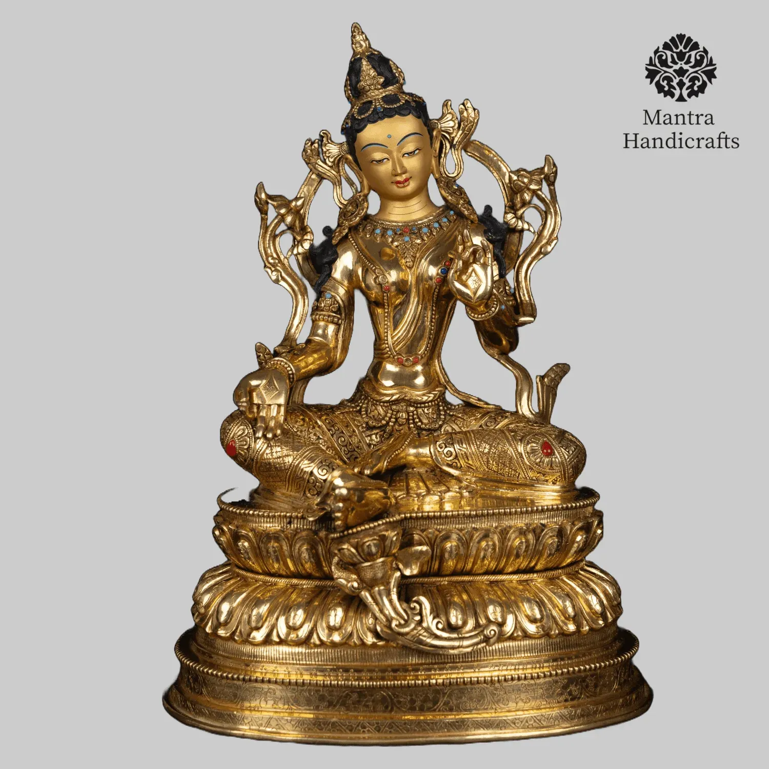Green Tara Statue | 24k Gold Gilded Tibetan Deity
