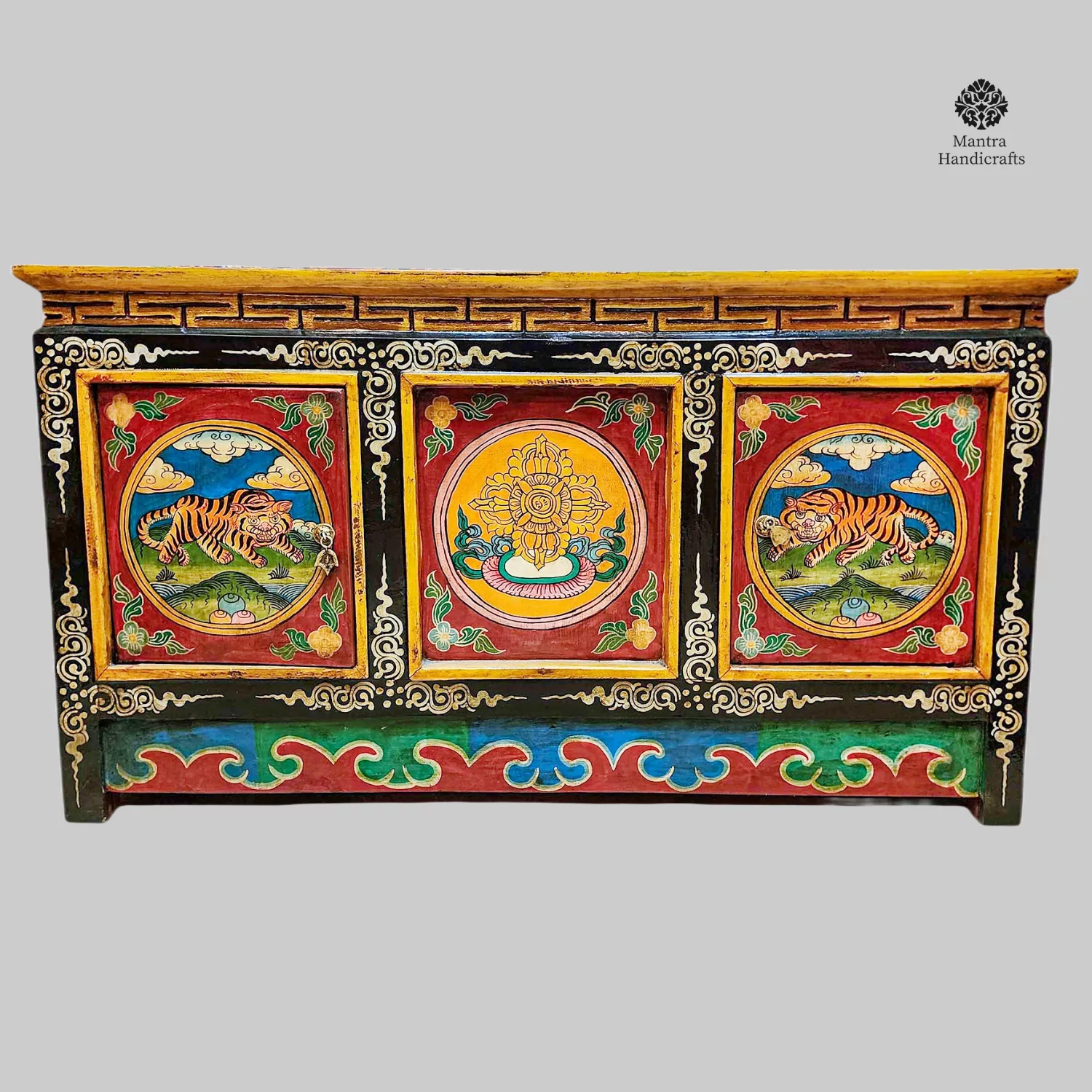 Tibetan 4 Door Cabinet | Tiger & Double Dorje Painted