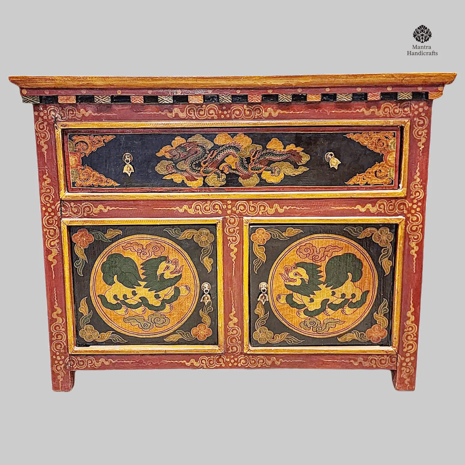 Hand-Painted Tibetan Cabinet | Snow Lion & Dragon Design | 1 Drawer, 2 Doors