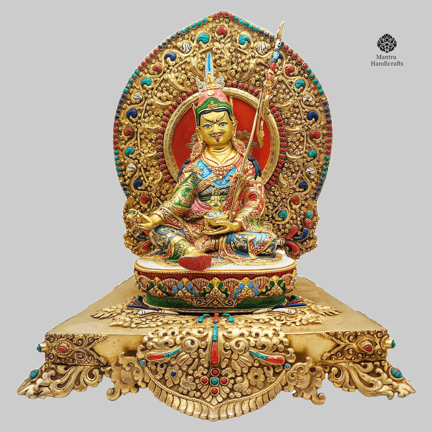 Guru Rinpoche Statue | Gold Plated, Thangka Finish & Stones