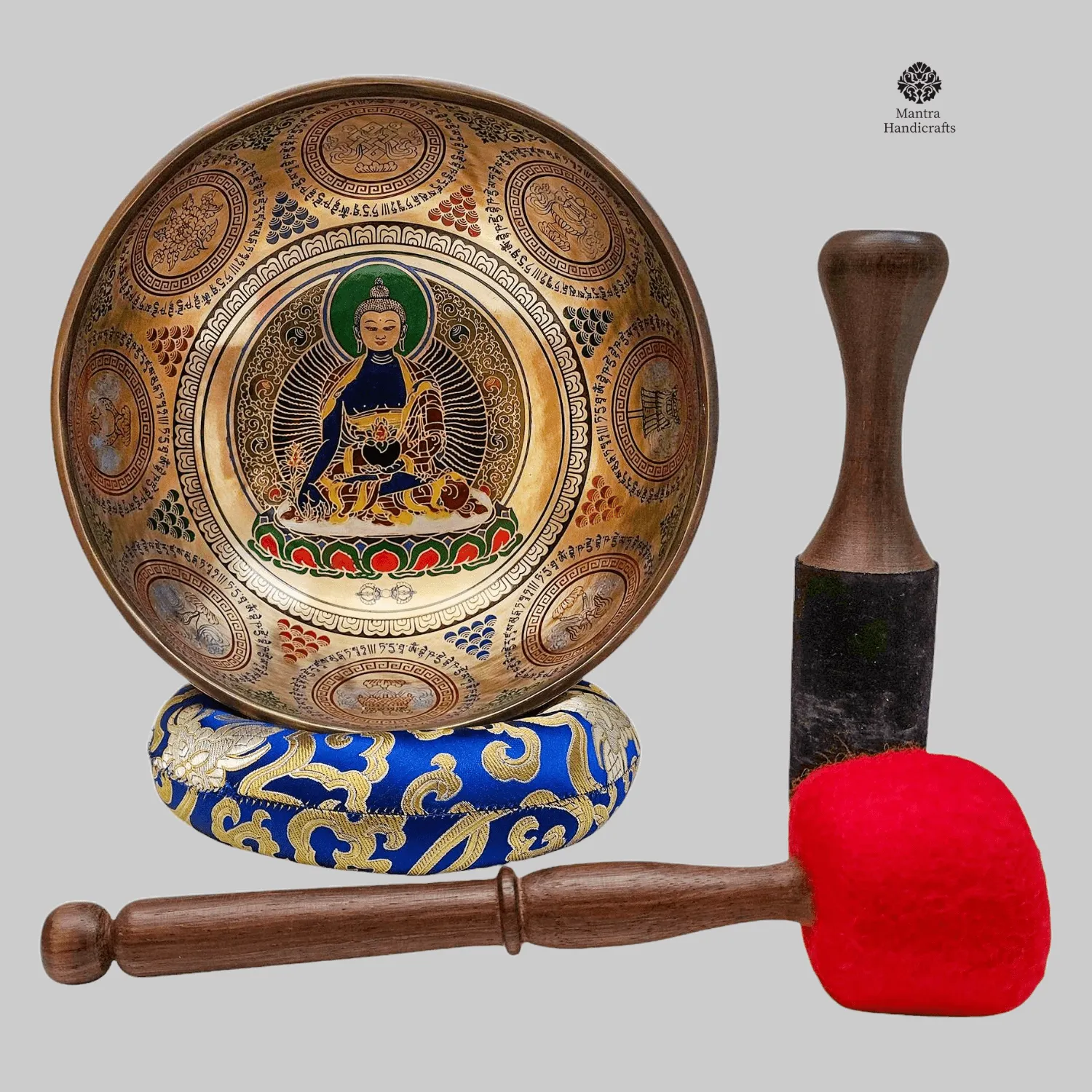 Hand Beaten Buddhist Singing Bowl with Medicine Buddha Carving