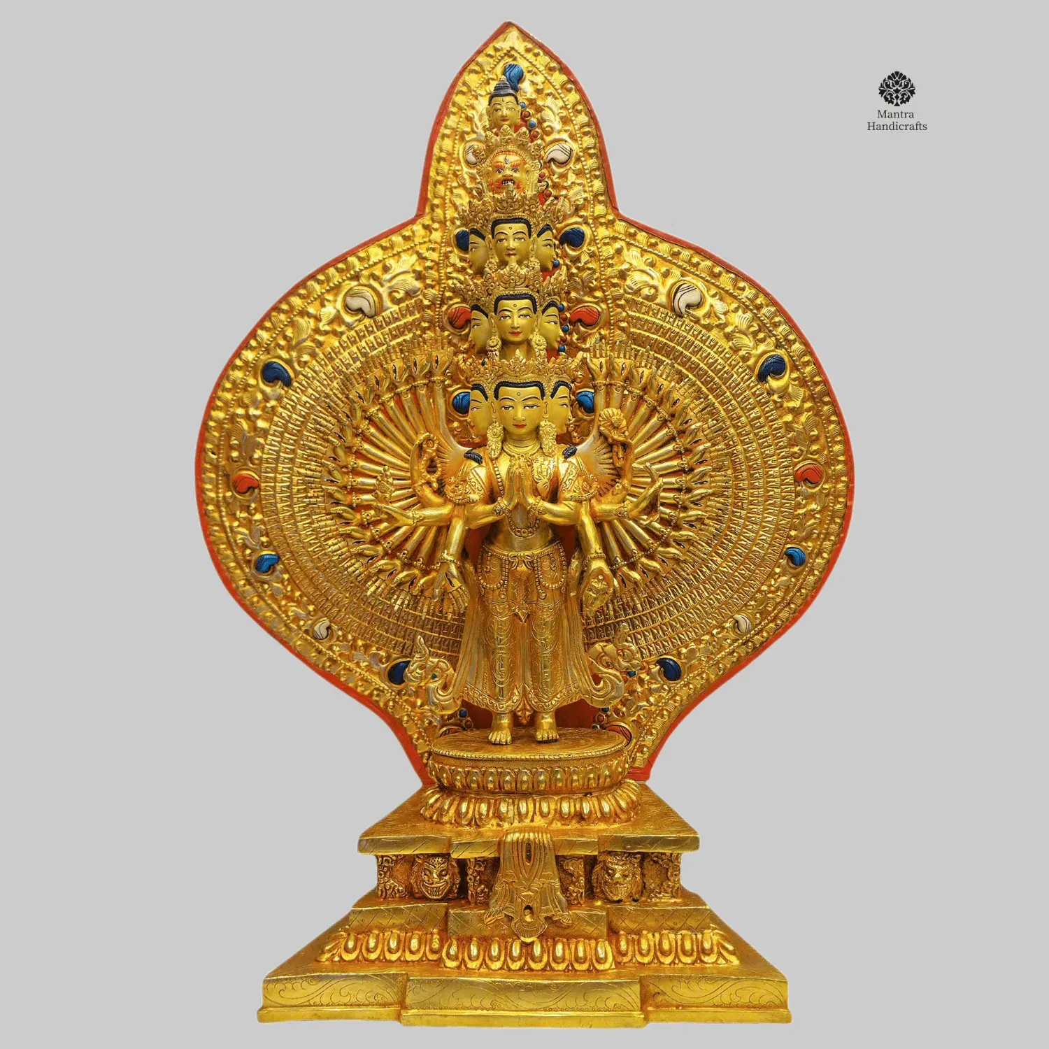 Thousand Arms Avalokiteshvara Statue | 24K Gold Gilded | Stone Inlaid