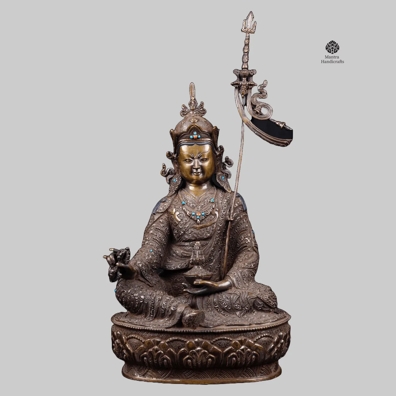 Padmasambhava Statue | Chocolate Oxidized & Stone Inlaid | Lotus-Born Master