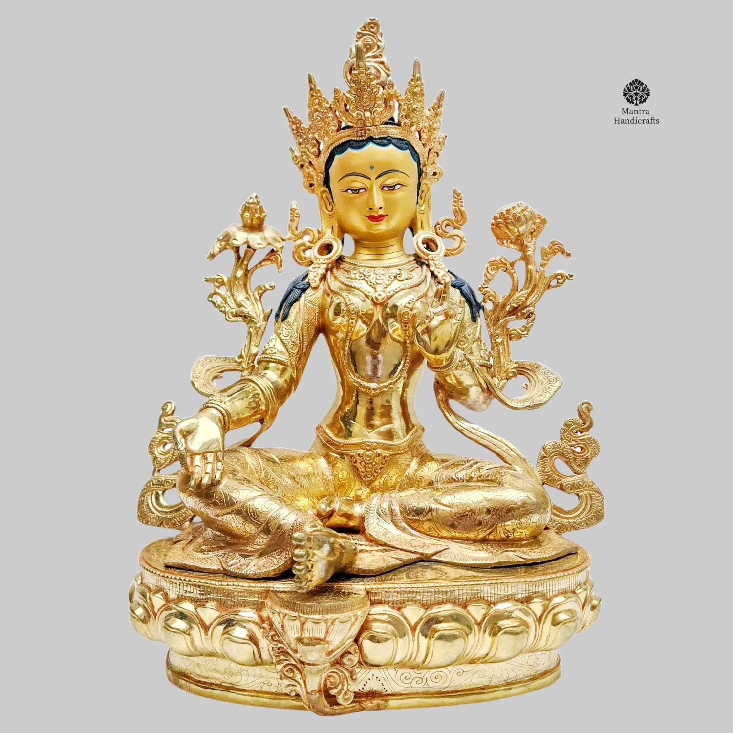 Green Tara Statue | 24K Gold Gilded | Goddess of Compassion & Protection
