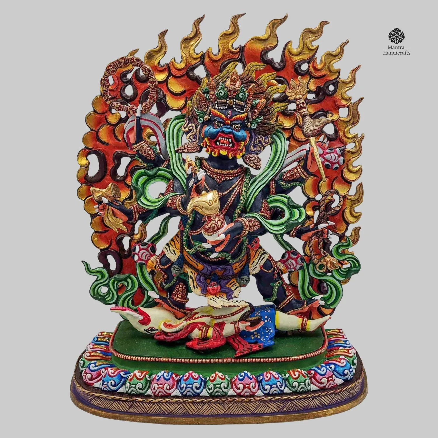 Black Mahakala Statue | Part Gold Plated, Stone Set & Color Finish | Fierce Dharma Protector