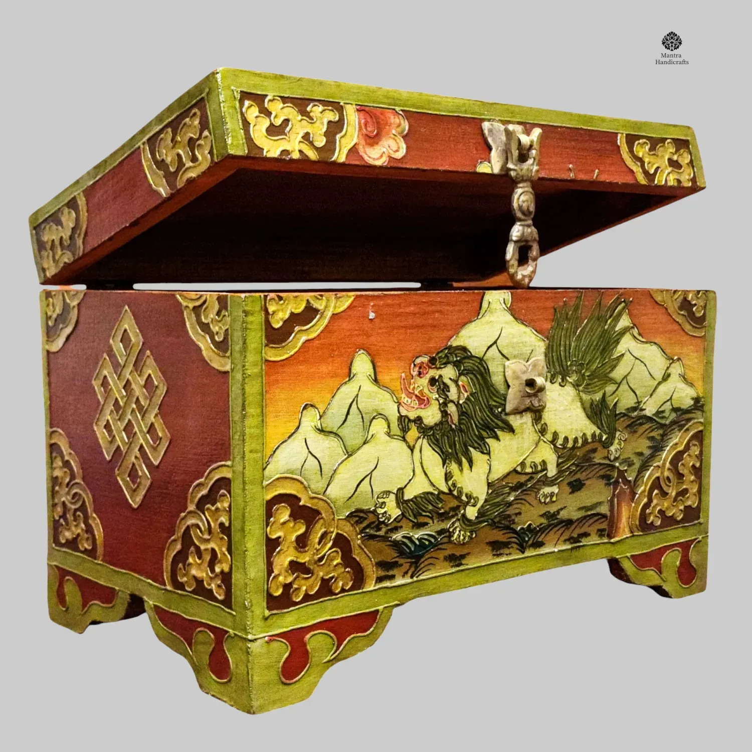 Wooden Box with Snow Lion | Tibetan Style Traditional Design