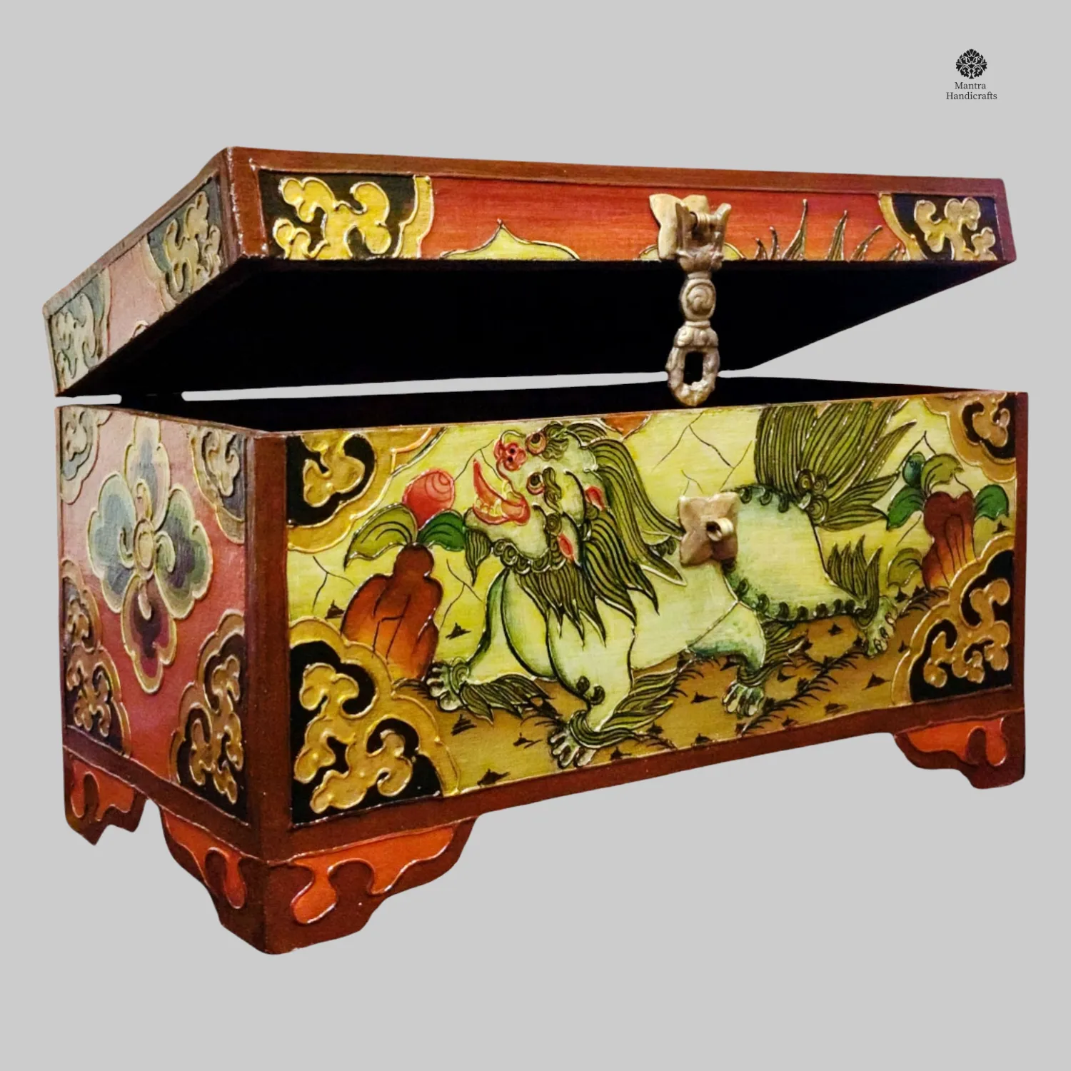 Buddhist Wooden Box | Snow Lion Design in Tibetan Tradition