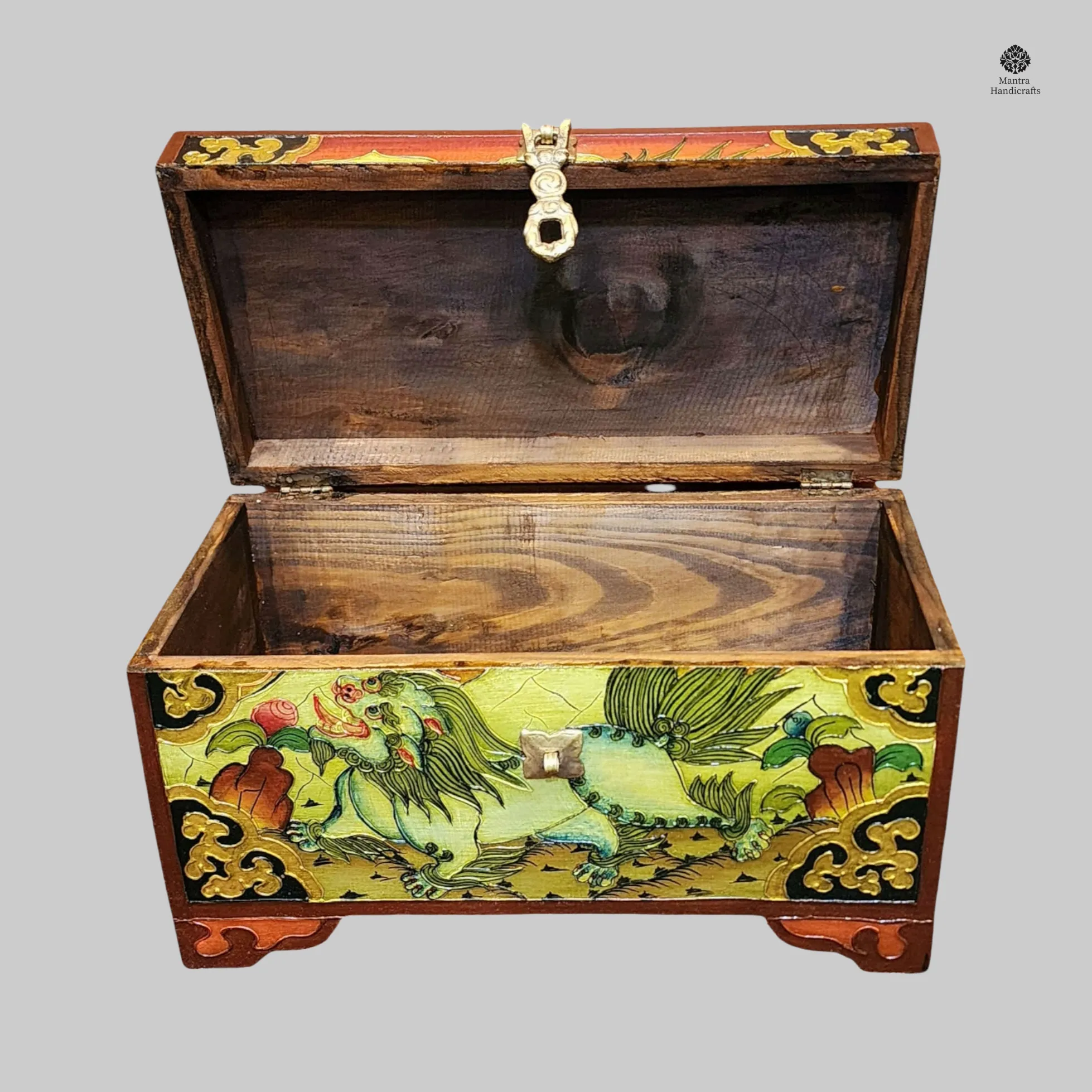 Buddhist Wooden Box | Snow Lion Design in Tibetan Tradition