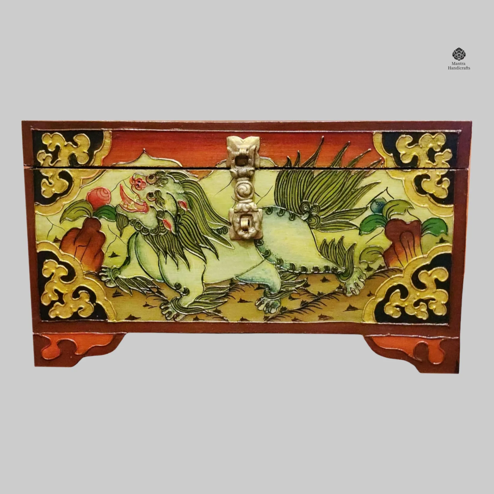 Buddhist Wooden Box | Snow Lion Design in Tibetan Tradition
