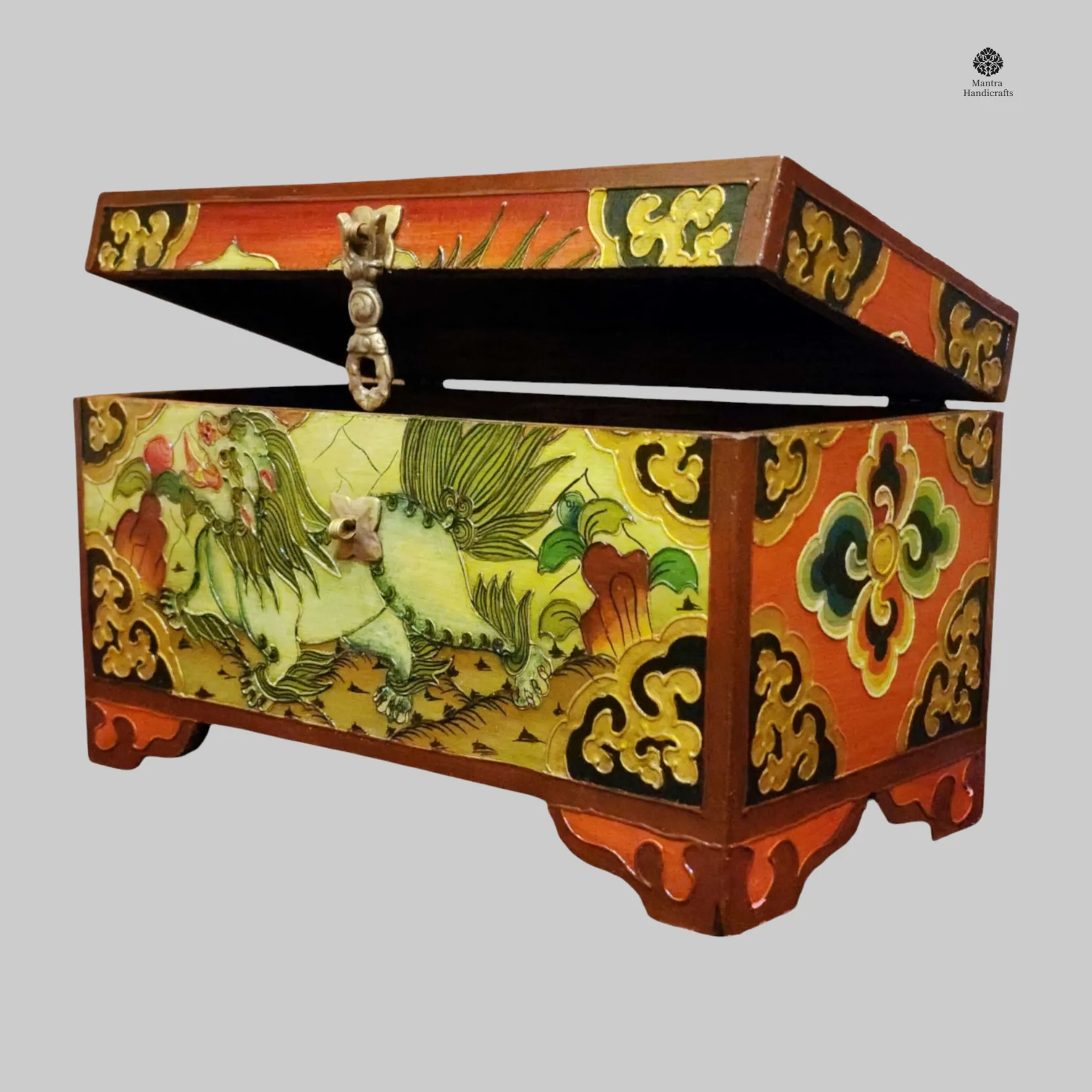 Buddhist Wooden Box | Snow Lion Design in Tibetan Tradition