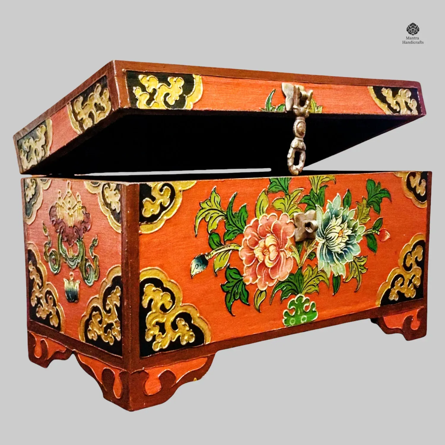 Tibetan Wooden Box | Hand-Painted Lotus Design Storage Box