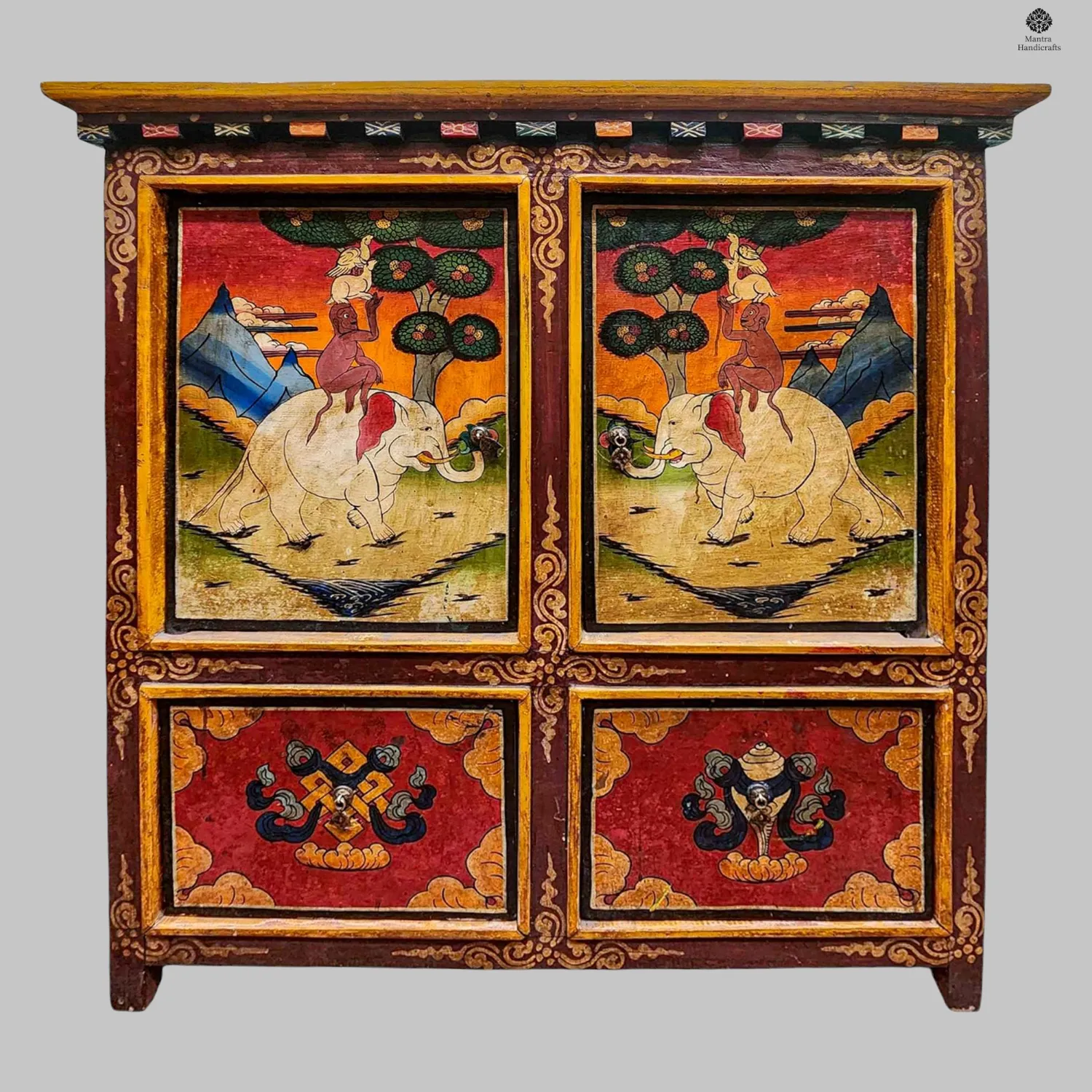 Tibetan Buddhist Cabinet with Four Doors | Hand-Painted Traditional Art